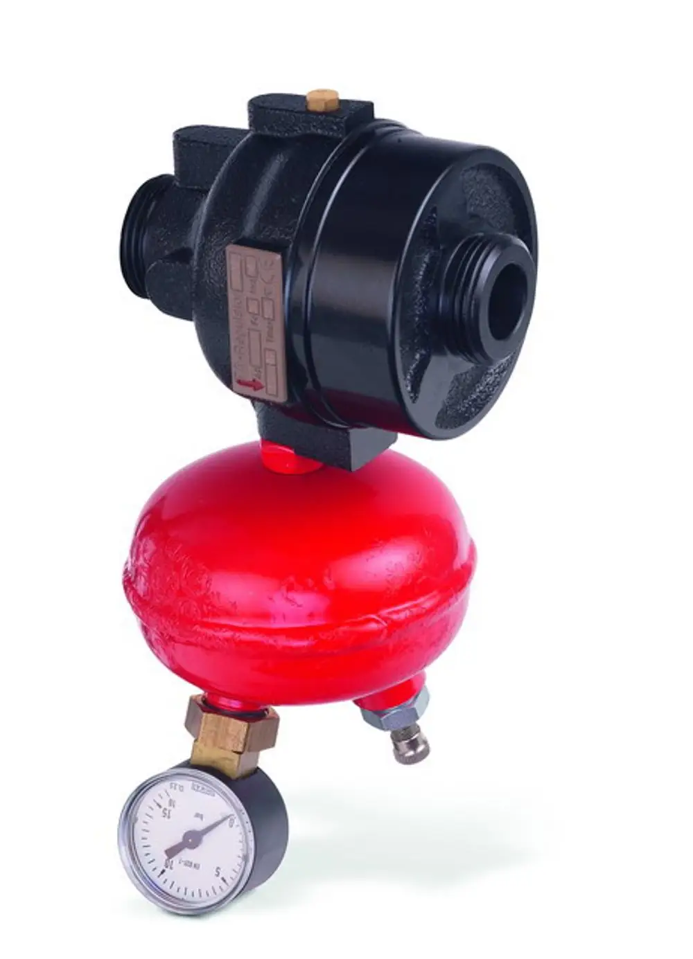 Überströmregler von IMI Hydronic Engineering mit rotem Druckbehälter und Manometer, zur Regelung von Durchfluss und Druck in hydraulischen Systemen.